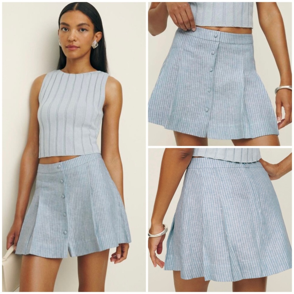 Reformation Pale Blue Striped Linen Mini Skirt